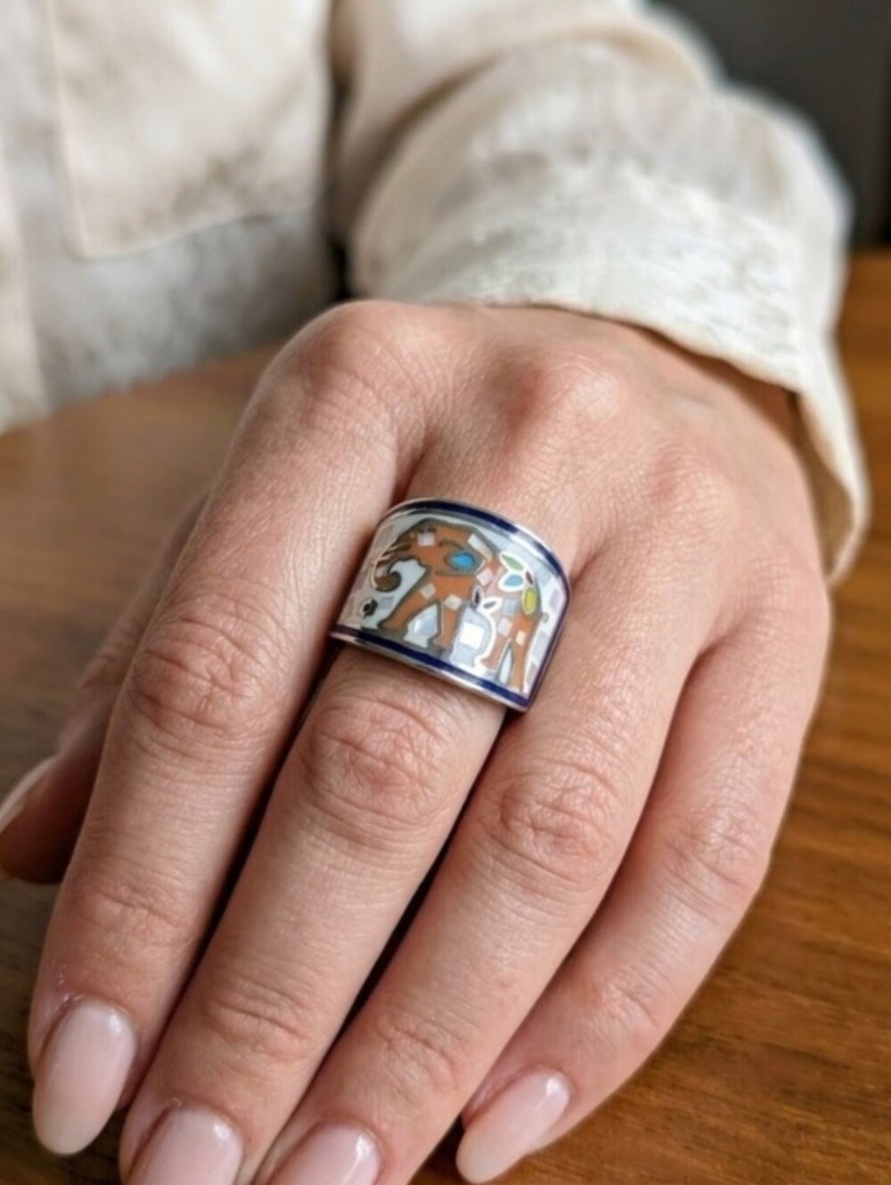 Multicolor Enamel Elephant & Mosaic Mother Of Pearl Ring - Stainless Steel
